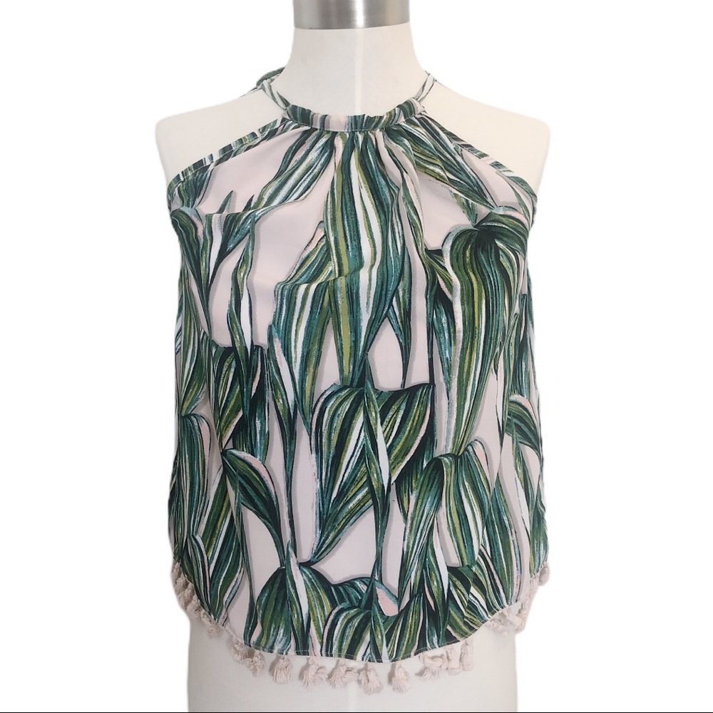 Palm Leaf Print High Neck Halter Tassel Tank Top